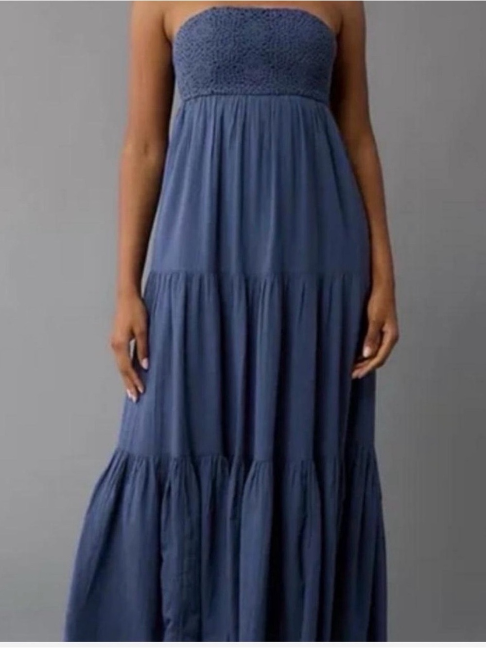 NEW American Eagle Strapless Crochet Babydoll Maxi Dress Small Navy With Pockets